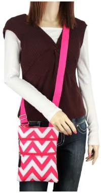 Women or Girl's Hot Pink Chevron Crossbody Bag. Canvas Construction * Zip Top Closure * Fully Lined * 2 Front Zip Pockets * Long Adjustable Shoulder Strap * 7.5" Wide X 10" Tall.