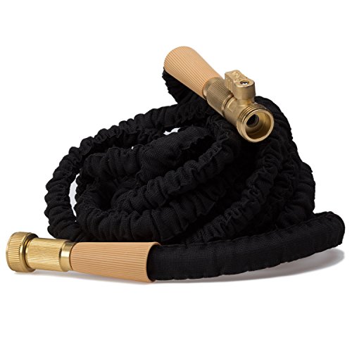 25' Premium Expandable Water / Garden Hose with Exclusive Tough Neck8482; Collar, Solid Brass End Fittings, and Shut-off Valve. Quality USA Made Polymer Tubing is Strong, Lightweight, and Flexible.