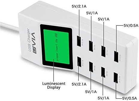 UVIA Universal Smart LCD Display 8 Multi-Port USB Family-Sized Desktop Wall Charger for iPad iPhone SAMSUNG Android Mobile Phone Tablet PC and Other Smart Watch Phone (8-Port USB+LCD Display)