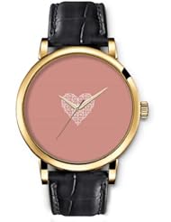 SPRAWL Aanalog Fashion Series Gold Ladies Watches of Genuine Black Leather Strap,Unique Wrist Watch for Women Girls Designed with Braided heart on pink background