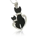 Crystal Deco Dual Black Kitty Cat White Gold Plated Pendant Necklace Jewelry
