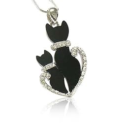 Crystal Deco Dual Black Kitty Cat White Gold Plated Pendant Necklace Jewelry