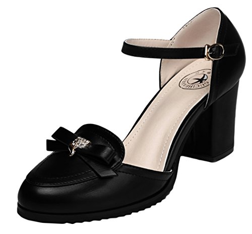 Guciheaven 2015 New Style Bow Buckle Rough High Heel Women Shoes(7 B(M)US, Black)