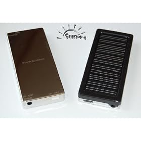 Mini SunPlug Solar Charger for cell phones. 0.5 watt solar panel, 1350 mAh rechargable battery.