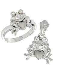 Sterling Silver Frog & Heart Ring & Pendant Set CZ Stones Rhodium Finished