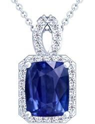 18K White Gold Cushion Cut Blue Sapphire And Round Diamond Pendant
