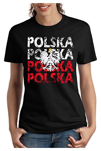 OM3 – POLSKA – Damen T-Shirt tailliert – POLAND EM 2016 FRANKREICH FRANCE FUSSBALL FANSHIRT SOCCER SPORT TRIKOT EUROPAMEISTER, M, schwarz