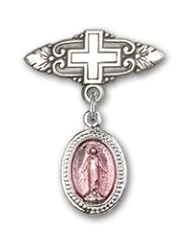 Sterling Silver Baby Badge with Pink Miraculous Charm and Badge Pin with Cross