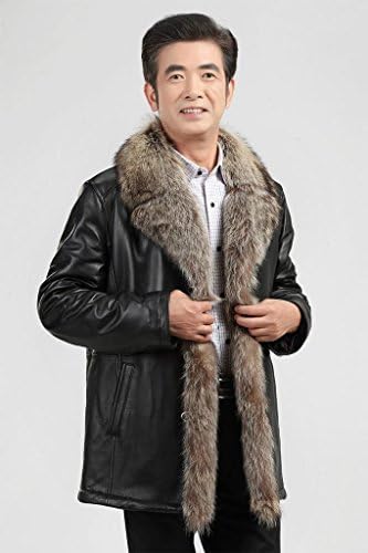 Xinyian Men's Real Kid Leather Thick Raccoon Fur Collar Long Warm Coat Black XL