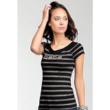 bebe Logo Metallic Stripe V-neck Tee