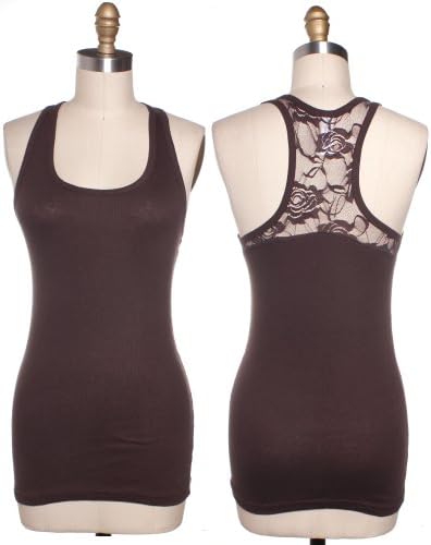 Active Basic Women's 2 x 1 Soft Light Weight Ribbed Tank Top with Racerback Lace - Various Colors (Small, Brown)