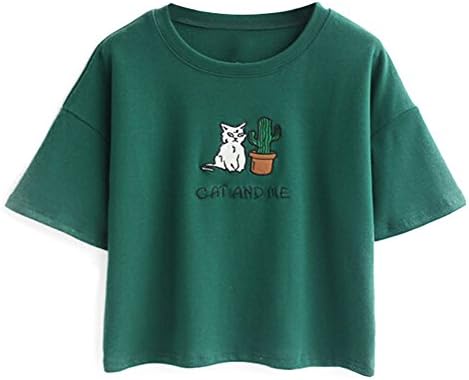 Chicnova Women Cute Cat Print Short Sleeves Cotton T-shirt Embroidery Crop Top