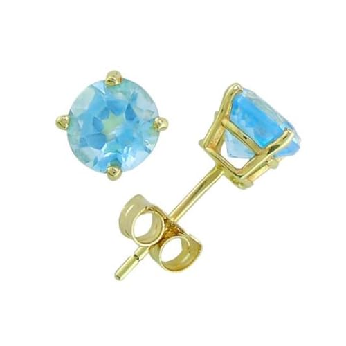 14K Yellow Gold Four Prong 7mm Round Coated Blue Topaz Stud Earrings