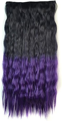Stepupgirl 22 Inch Black to Dark Purple Ombre Color Scalded Corn Wavy Full Head Synthetic Clip in Hair Extension