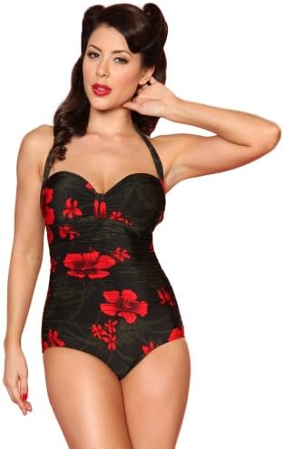 Esther Williams Tropical Floral Rouge One Piece Swimsuit-BlackRed-10