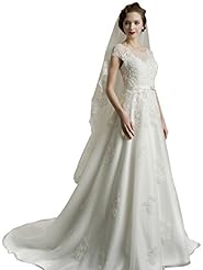 A-line Satin/Tulle Lace-Up Applique Sheer Scoop Neck Sweetheart Floor Length Wedding Dress 