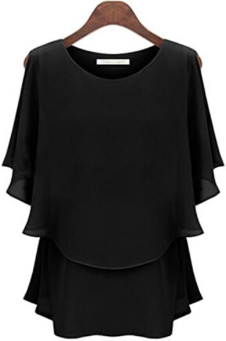 Owind Plus Size Ruffled Sleeve Waisted Chiffon Blouse (XL, Black)