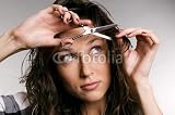 Wallmonkeys Peel and Stick Wall Decals - Young Woman Cutting Her Fringe over Grey Background - Removable Graphic
