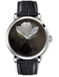 SPRAWL Aanalog Fashion Series Silver Ladies Watches of Genuine Black Leather Strap,Unique Wrist Watch for Women Girls Designed with white flower