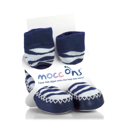 Mocc Ons Baby Toddler Slipper Socks 18-24m Blue Zebra Stripes