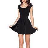 Richio Women's Short Sleeve Black Solid Color Scoop Neck Pleated Mini Dress