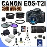 41M81k0gtNL. SL160  Canon EOS Rebel T2i 18 MP CMOS APS C Digital SLR Camera with 3.0 Inch LCD and EF S 18 55mm f/3.5 5.6 IS Lens & Canon 75 300 Lens + 58mm 2x Telephoto lens + 58mm Wide Angle Lens  W/32GB SDHC Memory+ 2 Extra Batteries + Charger + 3 Piece Filter Kit + UV Filter + Full Size Tripod + Case +Accessory Kit