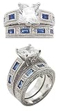 Sterling Silver 3ct White Princess and Bright Royal Blue Baguette Engagement Ring Wedding Band Set (Size 6,7,8,9)
