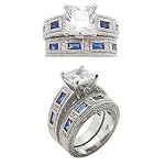 Sterling Silver 3ct White Princess and Bright Royal Blue Baguette Engagement Ring Wedding Band Set (Size 6,7,8,9)