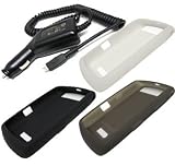 4 Pieces Combo of Black, Smoke Gray and White Silicone Skin Cover Case with Car Charger for Blackberry 9530 9500 Storm Thunder