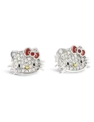 Hello Kitty by Simmons Jewelry Co. Czech Crystals Flat Pave Face and Red Bow Girls Stud Earrings