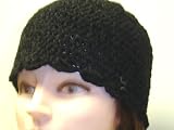 Cp131b, Hand Crocheted Black Chenille and Gimp Tweed Tight Knit Skull Cap for Men Women and Teens .