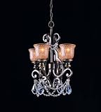 Crystorama Golden Teak Crystal Draped on a Wrought Iron Chandelier Handpainted with a Amber Glass Pa