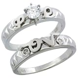 Sterling Silver 2-Piece 1/2 Carat Size 5 mm Engagement Ring Set CZ Stones Rhodium finish, 3/16 in. 5 mm, sizes 5 - 10