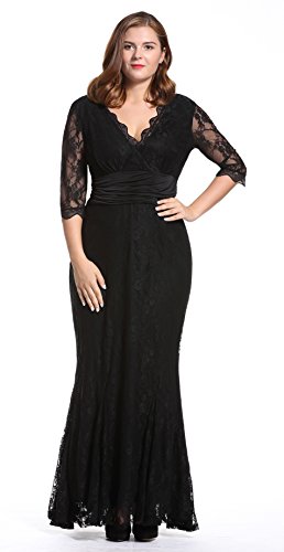 Dilanni Women's Plus Size V Neck 2/3 Sleeves Evening Party Long Lace Dresses