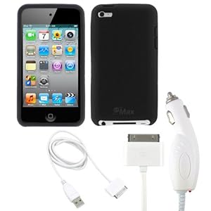 EVO Power Rapid White Car Charger + White USB Hotsync & Charging Data Cable + Black Soft Silicone Skin Case Cover for Apple iPod Touch 4G 4th Generation 4th Gen