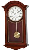 Mahogany wood finish pendulum wall clock with decorative carved case and roman dial 4 x 4 Westminster chime, auto night shut off by London Clock Company