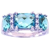 14K Yellow or White Gold Octagon Three-Stone Ring with Diamonds-Swiss Blue Topaz/Briolette-full, half sizes from 5-8.5