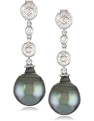 14k White Gold 9-9.5mm Tahitian Cultured Pearl and Diamond Earrings (0.2 cttw, G-H Color, I1-I2 Clarity)