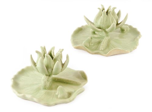 Celadon ceramic candleholders Lily Pads (pair)