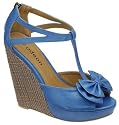 Ladies Blue bow toe platform wicker high heel wedge shoes sandals NEW