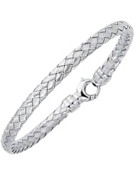 14K White Gold 7.25" 6.0mm Diamond Cut Flat Round Tube Goldenweaved Design Fancy Bangle With Round Fancy Clasp