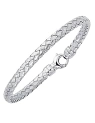 7.25" 14K White Gold 6.0mm (1/4") Diamond Cut Flat Round Tube Goldenweaved Design Fancy Bangle Bracelet w/ Round Fancy Clasp