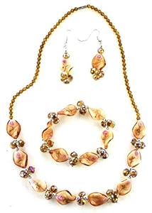 Glass Bead Necklace, Bracelet, & Earring Set - Amber Glass Bead Fashion Jewel...