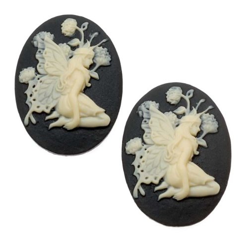 Lucite Oval Cameo - Black With Ivory Fairy And Flowers 25x18mm (2 Pieces)