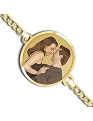 Round Photo Engrave Bracelet w/ Curb Chain - Available in Solid 14K Yellow Gold, 14K White Gold, and Genuine Sterling Silver