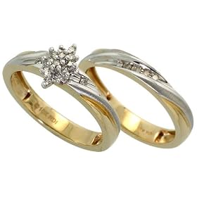 10k Two Tone Gold 3/8" (9mm) wide 2-Piece Wedding Ring Set, w/ 0.18 Carat Brilliant Cut Diamonds