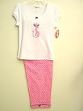 French Kitty Diva Lolita Sweet Pink Pajamas Set Lounge Set Pink Polka Dot Flannel Pajama Bottoms with White French Kitty Design T Shirt Top