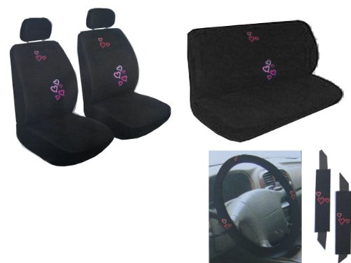 9 Piece Auto Interior Gift Set - 2 Multicolor Red and Pink Hearts Front Low Back Bucket Seat Covers, 2 Multicolor Red and Pink Hearts Head Rest Covers, 1 Multicolor Red and Pink Hearts Steering Wheel Cover, 2 Multicolor Red and Pink Hearts Shoulder Harness Pressure Relief Cover