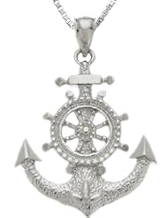 Solid 0.925 Sterling Silver Ship Helm & Anchor Pendant Necklace