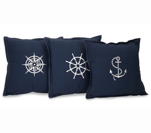Set of 3 Nautical Embroidered Navy Blue Square Throw Pillows 14″